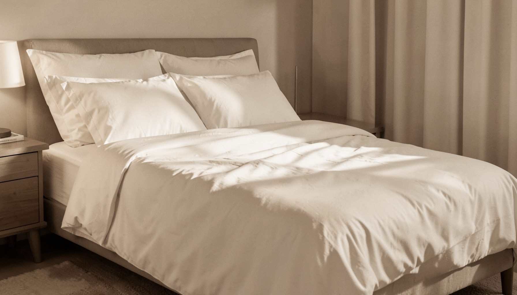 A softly lit bedroom interior with a neatly made bed dressed in white linens, warm neutral tones, and gentle shadows across the duvet
