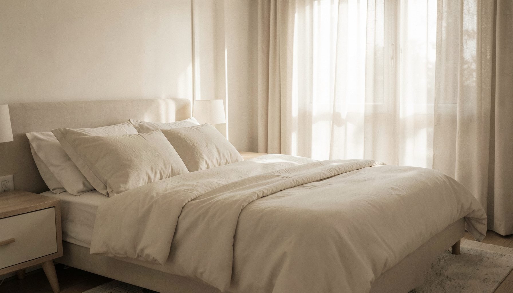 Soft bedroom interior with a neatly made bed in muted cream and beige tones, gentle morning light filtering through sheer curtains, calm and restful atmosphere