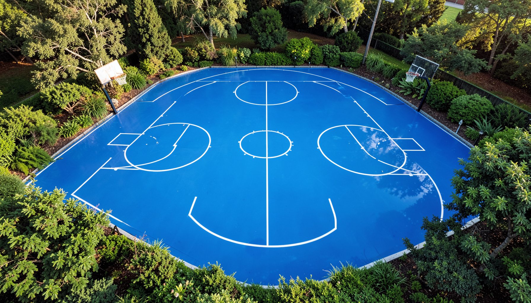 Wide aerial view of a blue acrylic basketball court with crisp white boundary lines, surrounded by green landscaping under soft morning light
